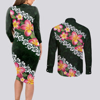 Green Polynesia Couples Matching Long Sleeve Bodycon Dress and Long Sleeve Button Shirt Plumeria With Hibiscus Pattern Tropical Vibes