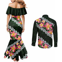 Green Polynesia Couples Matching Mermaid Dress and Long Sleeve Button Shirt Plumeria With Hibiscus Pattern Tropical Vibes LT14 - Polynesian Pride
