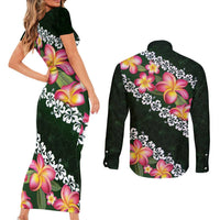 Green Polynesia Couples Matching Short Sleeve Bodycon Dress and Long Sleeve Button Shirt Plumeria With Hibiscus Pattern Tropical Vibes