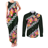 Green Polynesia Couples Matching Tank Maxi Dress and Long Sleeve Button Shirt Plumeria With Hibiscus Pattern Tropical Vibes
