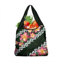 Green Polynesia Grocery Bag Plumeria With Hibiscus Pattern Tropical Vibes