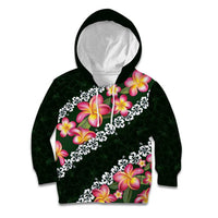 Green Polynesia Kid Hoodie Plumeria With Hibiscus Pattern Tropical Vibes