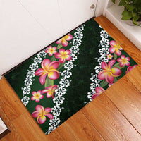 Green Polynesia Rubber Doormat Plumeria With Hibiscus Pattern Tropical Vibes