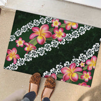 Green Polynesia Rubber Doormat Plumeria With Hibiscus Pattern Tropical Vibes