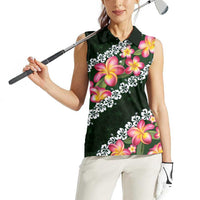 Green Polynesia Women Sleeveless Polo Shirt Plumeria With Hibiscus Pattern Tropical Vibes LT14 - Polynesian Pride