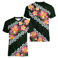 Green Polynesia Women V-Neck T-Shirt Plumeria With Hibiscus Pattern Tropical Vibes