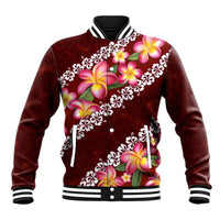 Oxblood Polynesia Baseball Jacket Plumeria With Hibiscus Pattern Tropical Vibes