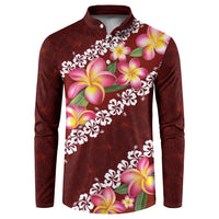 Oxblood Polynesia Button Sweatshirt Plumeria With Hibiscus Pattern Tropical Vibes