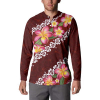 Oxblood Polynesia Button Sweatshirt Plumeria With Hibiscus Pattern Tropical Vibes