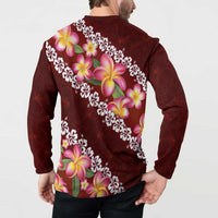 Oxblood Polynesia Button Sweatshirt Plumeria With Hibiscus Pattern Tropical Vibes