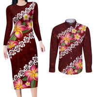 Oxblood Polynesia Couples Matching Long Sleeve Bodycon Dress and Long Sleeve Button Shirt Plumeria With Hibiscus Pattern Tropical Vibes