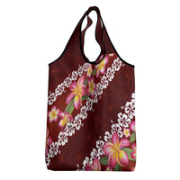 Oxblood Polynesia Grocery Bag Plumeria With Hibiscus Pattern Tropical Vibes