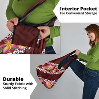 Oxblood Polynesia Grocery Bag Plumeria With Hibiscus Pattern Tropical Vibes