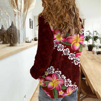 Oxblood Polynesia Women Casual Shirt Plumeria With Hibiscus Pattern Tropical Vibes