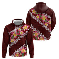 Oxblood Polynesia Zip Hoodie Plumeria With Hibiscus Pattern Tropical Vibes LT14 - Polynesian Pride