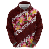 Oxblood Polynesia Zip Hoodie Plumeria With Hibiscus Pattern Tropical Vibes LT14 - Polynesian Pride