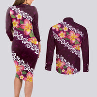 Pink Polynesia Couples Matching Long Sleeve Bodycon Dress and Long Sleeve Button Shirt Plumeria With Hibiscus Pattern Tropical Vibes