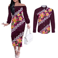 Pink Polynesia Couples Matching Off The Shoulder Long Sleeve Dress and Long Sleeve Button Shirt Plumeria With Hibiscus Pattern Tropical Vibes