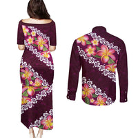 Pink Polynesia Couples Matching Puletasi and Long Sleeve Button Shirt Plumeria With Hibiscus Pattern Tropical Vibes
