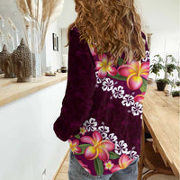 Pink Polynesia Women Casual Shirt Plumeria With Hibiscus Pattern Tropical Vibes