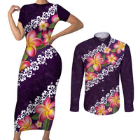 Purple Polynesia Couples Matching Short Sleeve Bodycon Dress and Long Sleeve Button Shirt Plumeria With Hibiscus Pattern Tropical Vibes