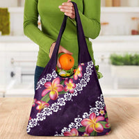 Purple Polynesia Grocery Bag Plumeria With Hibiscus Pattern Tropical Vibes