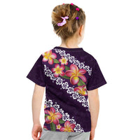 Purple Polynesia Kid T Shirt Plumeria With Hibiscus Pattern Tropical Vibes