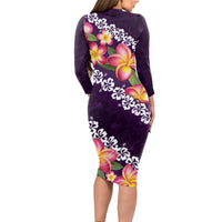 Purple Polynesia Long Sleeve Bodycon Dress Plumeria With Hibiscus Pattern Tropical Vibes