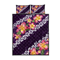 Purple Polynesia Quilt Bed Set Plumeria With Hibiscus Pattern Tropical Vibes