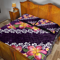 Purple Polynesia Quilt Bed Set Plumeria With Hibiscus Pattern Tropical Vibes