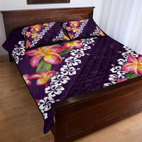 Purple Polynesia Quilt Bed Set Plumeria With Hibiscus Pattern Tropical Vibes
