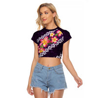 Purple Polynesia Raglan Cropped T Shirt Plumeria With Hibiscus Pattern Tropical Vibes