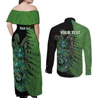 Personalised New Zealand Darts Couples Matching Off Shoulder Maxi Dress and Long Sleeve Button Shirt Aotearoa Maori Fern Mix Manaia Tattoo