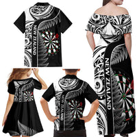 Personalised New Zealand Darts Family Matching Off Shoulder Maxi Dress and Hawaiian Shirt Aotearoa Fern Mix Paua Shell Manaia - Black