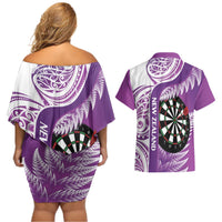 Personalised New Zealand Darts Couples Matching Off Shoulder Short Dress and Hawaiian Shirt Aotearoa Fern Mix Paua Shell Manaia - Purple
