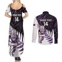 New Zealand Silver Fern Rugby Custom Couples Matching Summer Maxi Dress and Long Sleeve Button Shirt Go All Black Purple Maori Paua Shell - Polynesian Pride