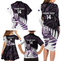 New Zealand Silver Fern Rugby Custom Family Matching Long Sleeve Bodycon Dress and Hawaiian Shirt Go All Black Purple Maori Paua Shell - Polynesian Pride