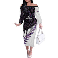 New Zealand Silver Fern Rugby Custom Family Matching Off The Shoulder Long Sleeve Dress and Hawaiian Shirt Go All Black Purple Maori Paua Shell - Polynesian Pride