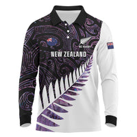 New Zealand Silver Fern Rugby Custom Long Sleeve Polo Shirt Go All Black Purple Maori Paua Shell - Polynesian Pride