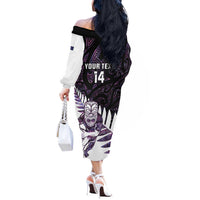New Zealand Silver Fern Rugby Custom Off The Shoulder Long Sleeve Dress Go All Black Purple Maori Paua Shell - Polynesian Pride