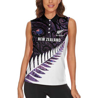 New Zealand Silver Fern Rugby Custom Women Sleeveless Polo Shirt Go All Black Purple Maori Paua Shell - Polynesian Pride