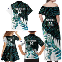 New Zealand Silver Fern Rugby Custom Family Matching Off Shoulder Maxi Dress and Hawaiian Shirt Go All Black Turquoise Maori Paua Shell - Polynesian Pride