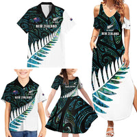 New Zealand Silver Fern Rugby Custom Family Matching Summer Maxi Dress and Hawaiian Shirt Go All Black Turquoise Maori Paua Shell - Polynesian Pride
