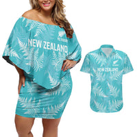 New Zealand Silver Fern Rugby Custom Couples Matching Off Shoulder Short Dress and Hawaiian Shirt Go Aotearoa Champions Turquoise Version - Polynesian Pride
