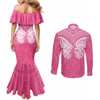 New Zealand Breast Cancer Awareness Couples Matching Mermaid Dress and Long Sleeve Button Shirt Maori Butterfly Pink Ribbon - Polynesian Pride