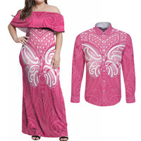 New Zealand Breast Cancer Awareness Couples Matching Off Shoulder Maxi Dress and Long Sleeve Button Shirt Maori Butterfly Pink Ribbon - Polynesian Pride