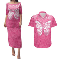 New Zealand Breast Cancer Awareness Couples Matching Puletasi and Hawaiian Shirt Maori Butterfly Pink Ribbon - Polynesian Pride
