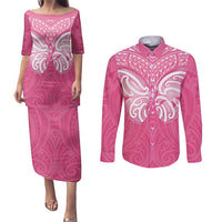 New Zealand Breast Cancer Awareness Couples Matching Puletasi and Long Sleeve Button Shirt Maori Butterfly Pink Ribbon - Polynesian Pride