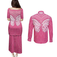 New Zealand Breast Cancer Awareness Couples Matching Puletasi and Long Sleeve Button Shirt Maori Butterfly Pink Ribbon - Polynesian Pride