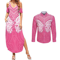 New Zealand Breast Cancer Awareness Couples Matching Summer Maxi Dress and Long Sleeve Button Shirt Maori Butterfly Pink Ribbon - Polynesian Pride